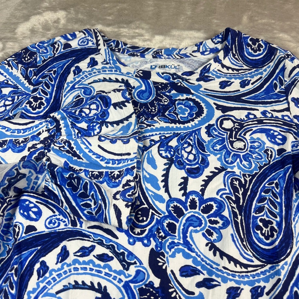 IBKÜL Women's Medium Dress Blue Paisley Bell Sleeve UPF 50+ IceFil Cooling